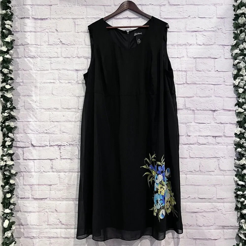 Maggie Barnes Black Sleeveless Midi Chiffon Lined‎ Sheath Dress size 24W Floral